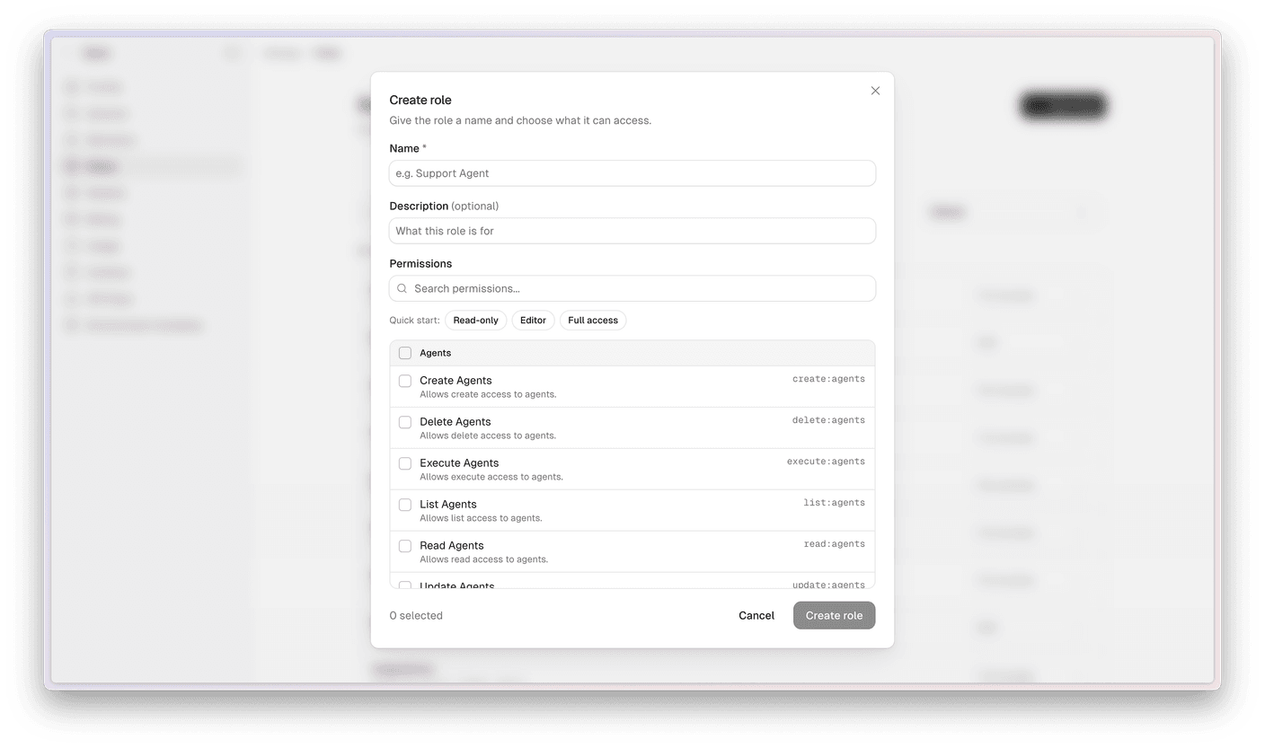 Create role dialog with name, description, and a searchable permissions list