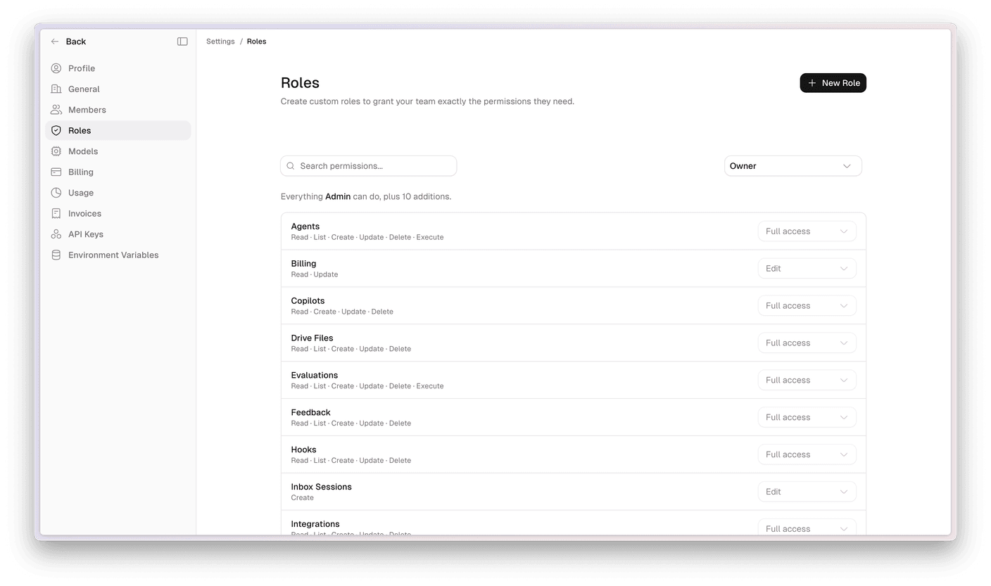 Settings Roles page showing the Owner role and a list of resources with access levels