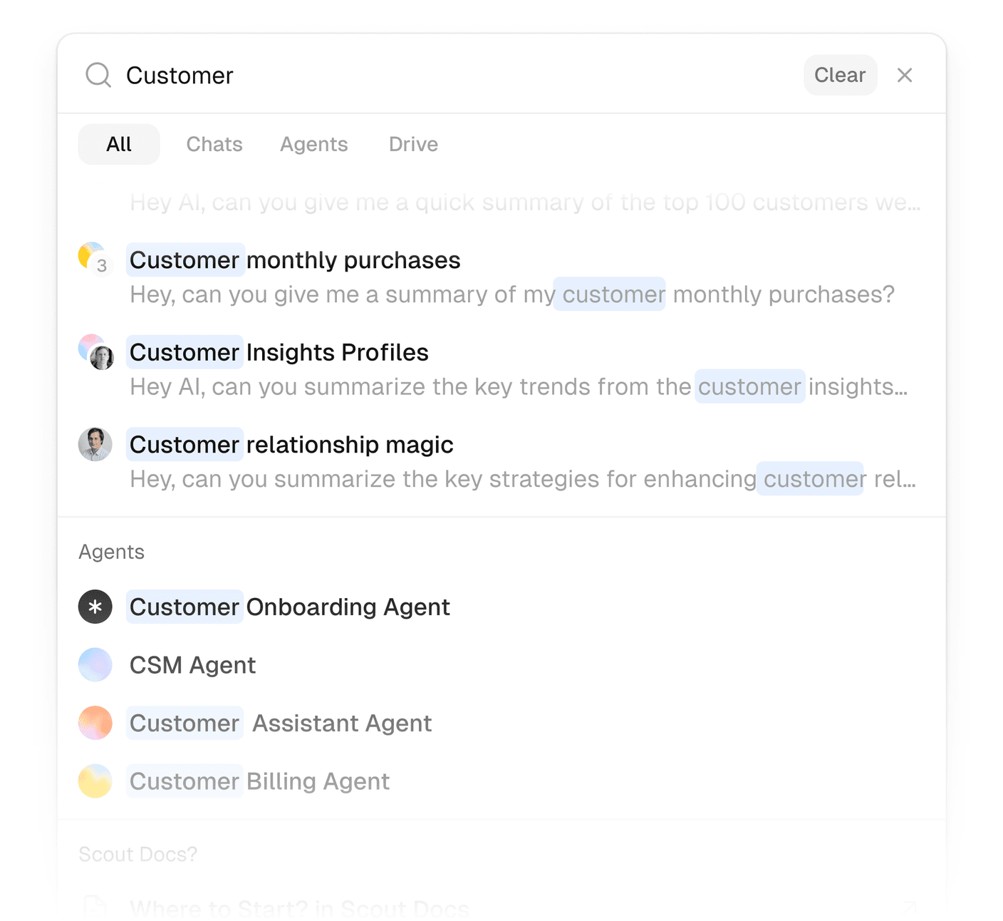 Scout Universal Search (Cmd+K) surfacing chats, agents, and commands from a single search bar